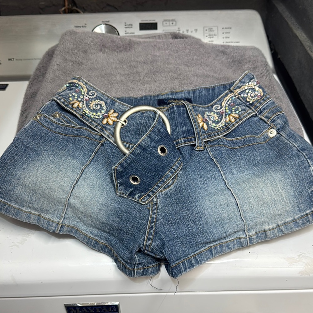 Angels Blue Jean Shorts with Distressed Embroidery
